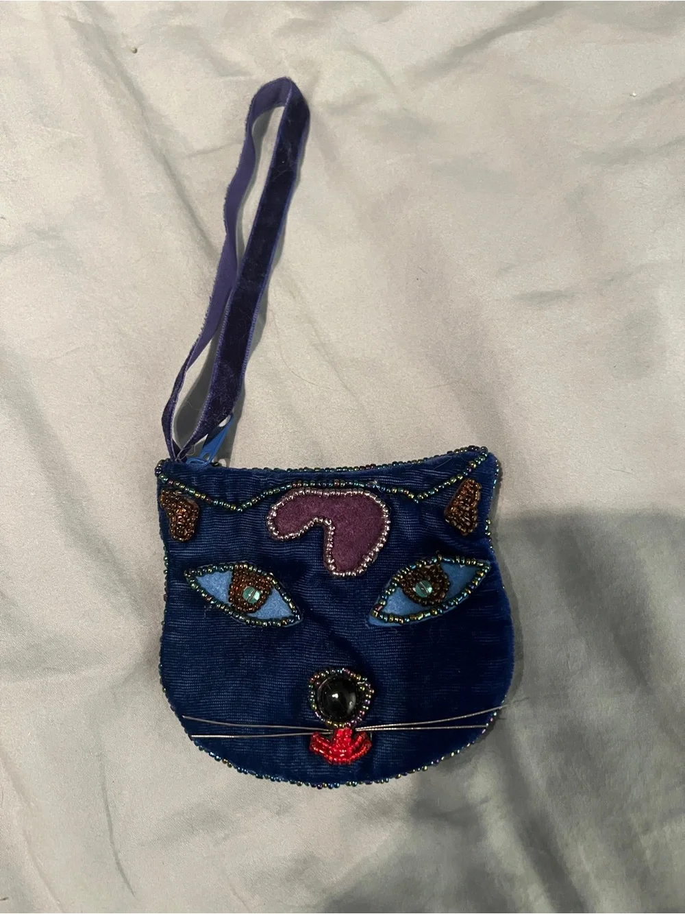 Embroidered Cat Face Navy Wristlet Clutch